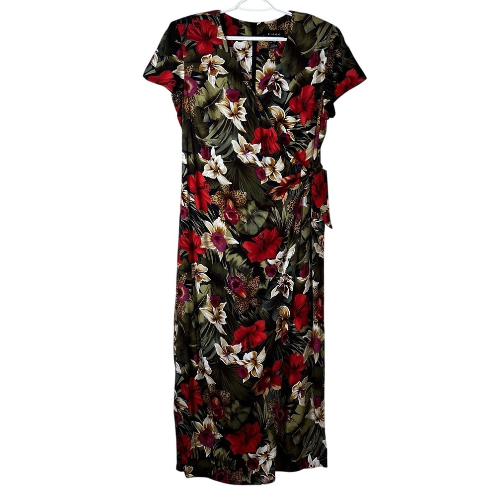 Vtg 90s Virgo Faux Wrap Midi Dress Tropical Floral Animal Print 10 Red Olive